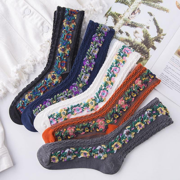 (5 pairs)Vintage Embroidered Floral Socks