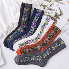 (5 pairs)Vintage Embroidered Floral Socks